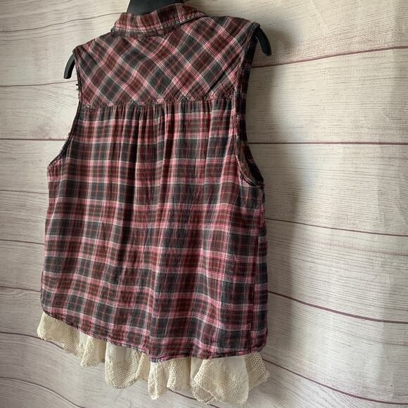 Hippie Laundry Sleeveless Plaid Button Up Shirt Boho Crochet Lace Ruffle Size L - Picture 15 of 15